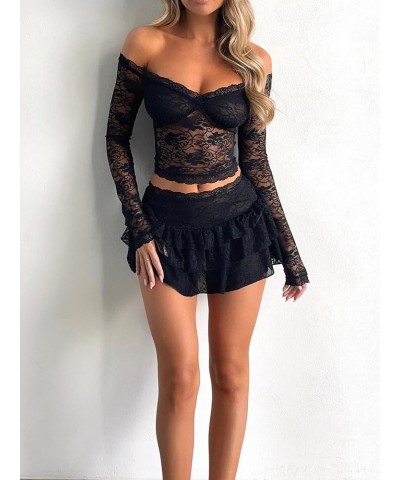 Women 2 Piece Lace Skirt Set Long Sleeve Floral Lace Top Bodycon Mini Skirt Going Out Matching Outfit Black $8.93 Suits