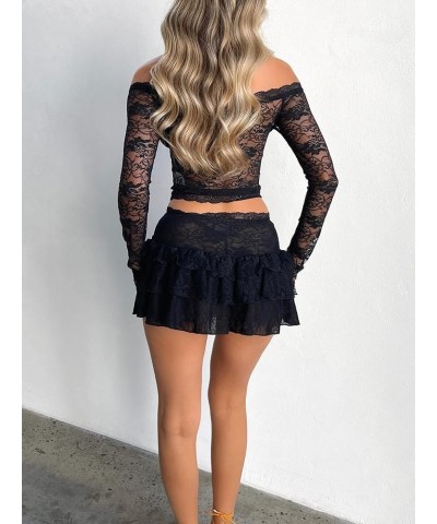 Women 2 Piece Lace Skirt Set Long Sleeve Floral Lace Top Bodycon Mini Skirt Going Out Matching Outfit Black $8.93 Suits