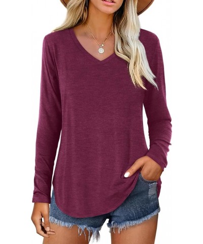 Womens T Shirts Long Sleeve V Neck Shirts Casual Basic Tees A: Burgundy $13.49 T-Shirts