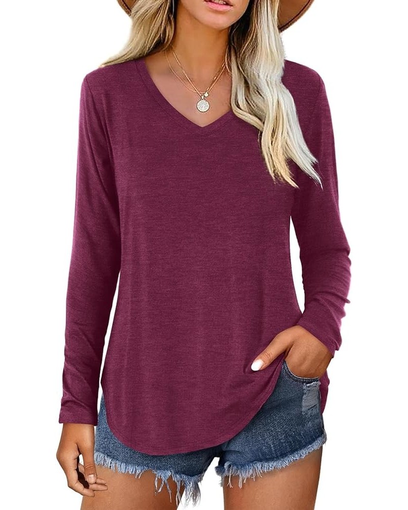 Womens T Shirts Long Sleeve V Neck Shirts Casual Basic Tees A: Burgundy $13.49 T-Shirts