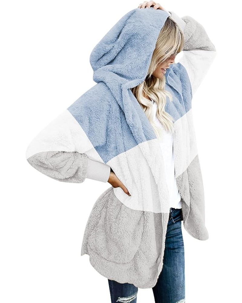 Women Fuzzy Fleece Open Front Pockets Hooded Cardigan Jacket Coat Outwear C Blue Gray Block $26.54 Jackets