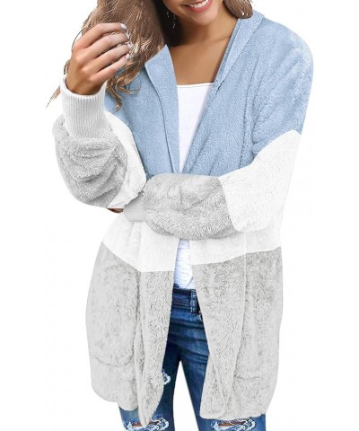 Women Fuzzy Fleece Open Front Pockets Hooded Cardigan Jacket Coat Outwear C Blue Gray Block $26.54 Jackets