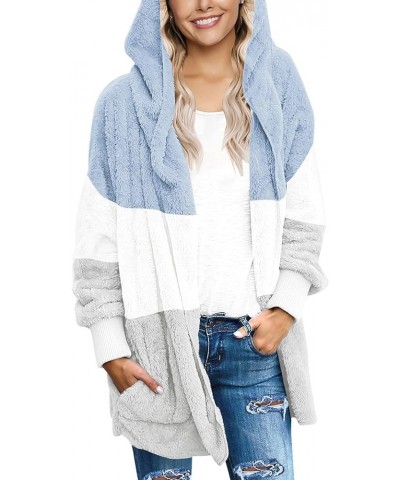 Women Fuzzy Fleece Open Front Pockets Hooded Cardigan Jacket Coat Outwear C Blue Gray Block $26.54 Jackets