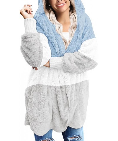 Women Fuzzy Fleece Open Front Pockets Hooded Cardigan Jacket Coat Outwear C Blue Gray Block $26.54 Jackets