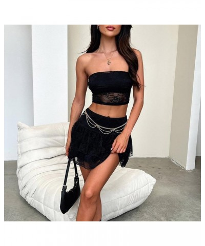 Womens Two Piece Mini Skirt Set Y2K Bodycon Skirts Outfit Sexy Going Out Fairy Suit Summer Lace Matching Sets Mesh Black $7.1...