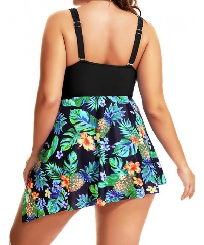 Plus Size One Piece Swimsuits for Women Flowy Asymmetrical Hem Swim Dress with Shorts Built in Black Pineapple $24.74 Swimsuits