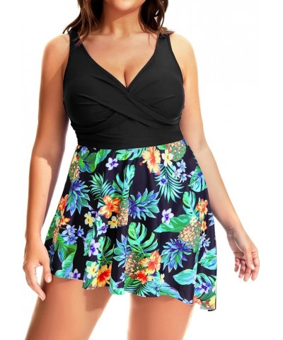 Plus Size One Piece Swimsuits for Women Flowy Asymmetrical Hem Swim Dress with Shorts Built in Black Pineapple $24.74 Swimsuits