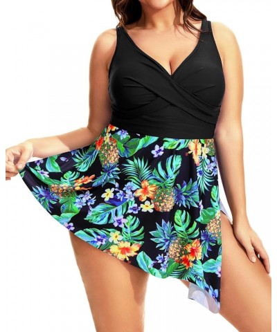 Plus Size One Piece Swimsuits for Women Flowy Asymmetrical Hem Swim Dress with Shorts Built in Black Pineapple $24.74 Swimsuits