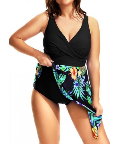 Plus Size One Piece Swimsuits for Women Flowy Asymmetrical Hem Swim Dress with Shorts Built in Black Pineapple $24.74 Swimsuits