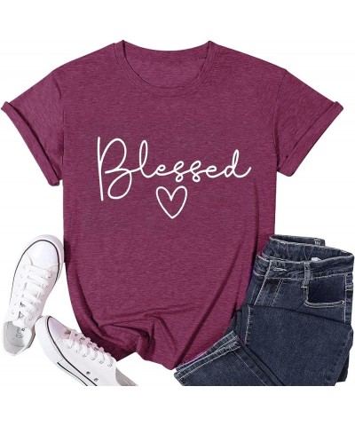 Blessed T-Shirt for Women Cute Heart Graphic Letter Print Sayings Shirts Casual Short Sleeve Thankful Tee Tops Purple $9.37 A...