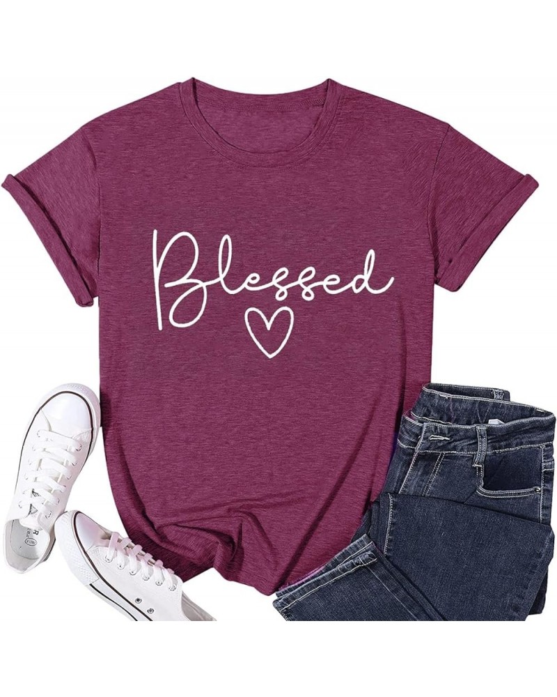 Blessed T-Shirt for Women Cute Heart Graphic Letter Print Sayings Shirts Casual Short Sleeve Thankful Tee Tops Purple $9.37 A...