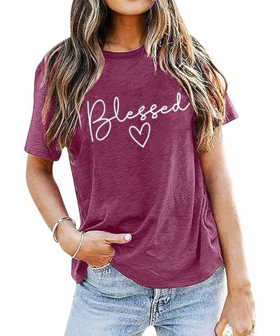 Blessed T-Shirt for Women Cute Heart Graphic Letter Print Sayings Shirts Casual Short Sleeve Thankful Tee Tops Purple $9.37 A...