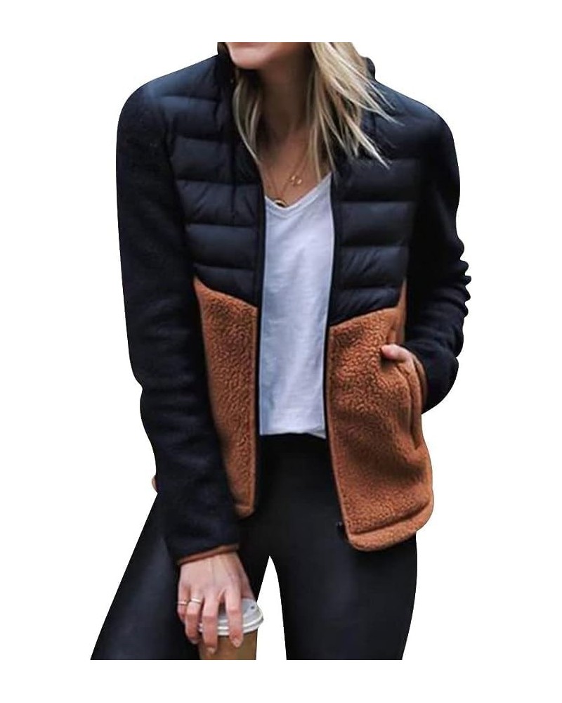 Womens Long-Sleeve Zipper Front Patchwork Down Jacket Slim Fit Contrast Color Coat Fall Winter Sherpa Fleece Jacket Black $18...