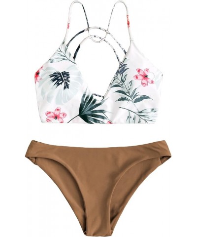 Women's Sexy Bathing Suit Floral Print Cross Back Bikini Set Swimsuits Brown $22.19 Swimsuits