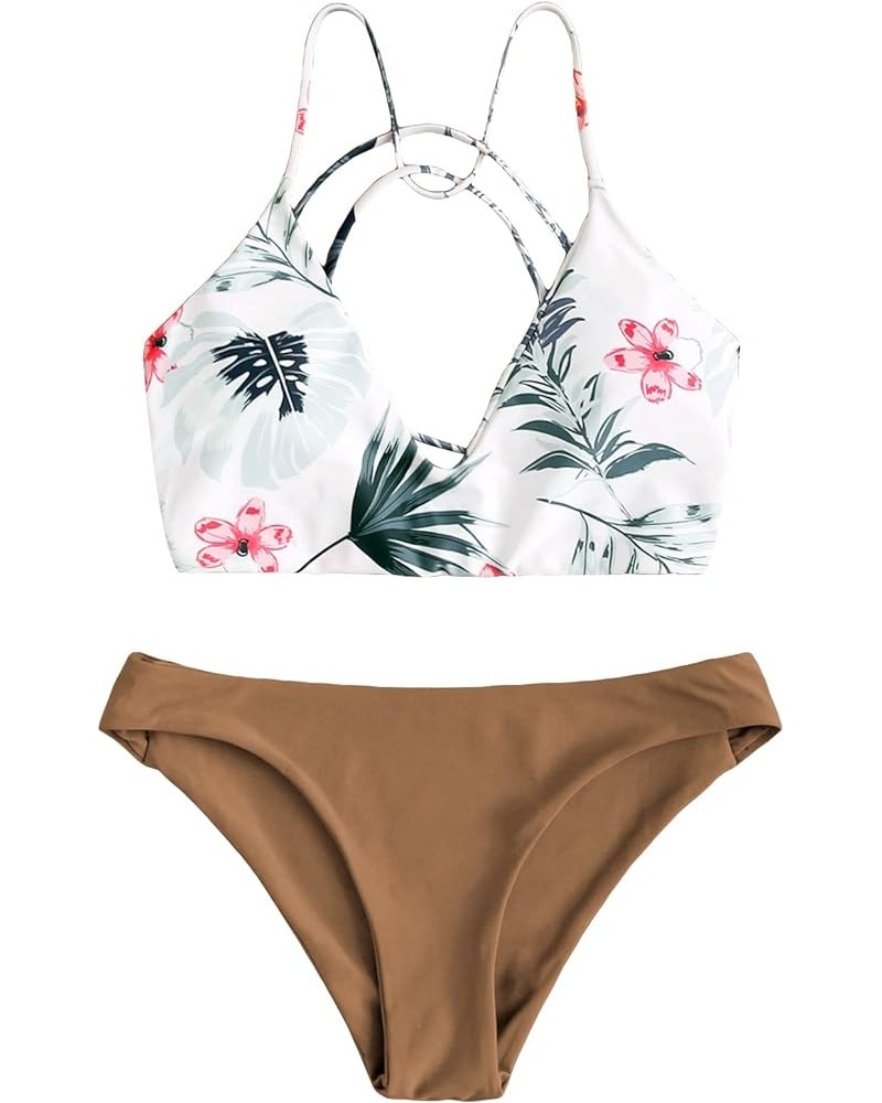 Women's Sexy Bathing Suit Floral Print Cross Back Bikini Set Swimsuits Brown $22.19 Swimsuits