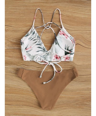 Women's Sexy Bathing Suit Floral Print Cross Back Bikini Set Swimsuits Brown $22.19 Swimsuits