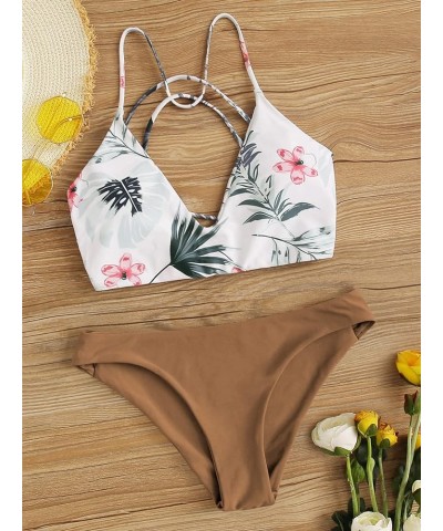 Women's Sexy Bathing Suit Floral Print Cross Back Bikini Set Swimsuits Brown $22.19 Swimsuits