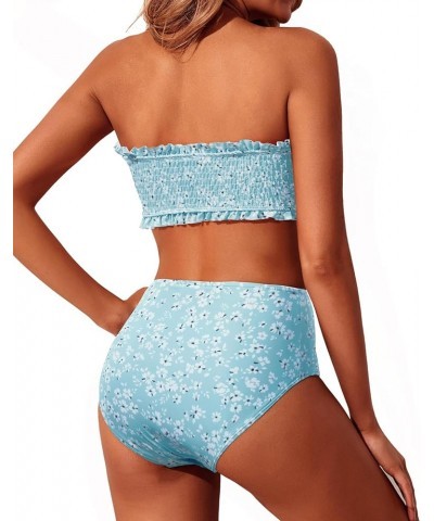 Women's Bandeau Bikini Set Two Piece Smocked Swimsuits Ruffle Off Shoulder Bathing Suit with High Waisted Bottoms Blue Tie Dy...