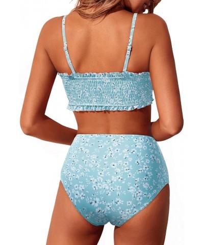 Women's Bandeau Bikini Set Two Piece Smocked Swimsuits Ruffle Off Shoulder Bathing Suit with High Waisted Bottoms Blue Tie Dy...