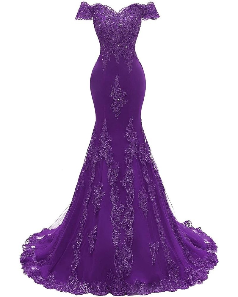 Women's Lace Mermaid Evening Prom Dresses Long Off Shoulder Appliqued Formal Gown PM39 Purple $40.00 Dresses