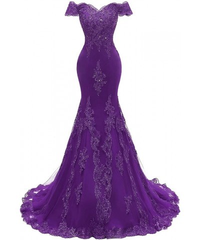 Women's Lace Mermaid Evening Prom Dresses Long Off Shoulder Appliqued Formal Gown PM39 Purple $40.00 Dresses