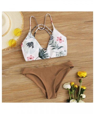 Women's Sexy Bathing Suit Floral Print Cross Back Bikini Set Swimsuits Brown $22.19 Swimsuits