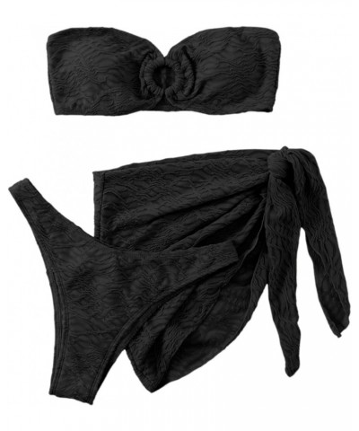 Women's 3 Piece Swimsuit Ring Linked Bandeau High Cut Bikini with Cover Up Skirt Set Black $10.25 Swimsuits