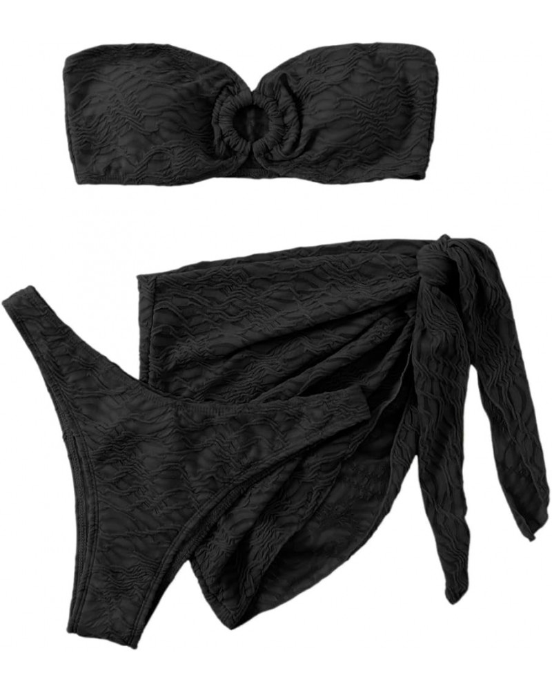 Women's 3 Piece Swimsuit Ring Linked Bandeau High Cut Bikini with Cover Up Skirt Set Black $10.25 Swimsuits