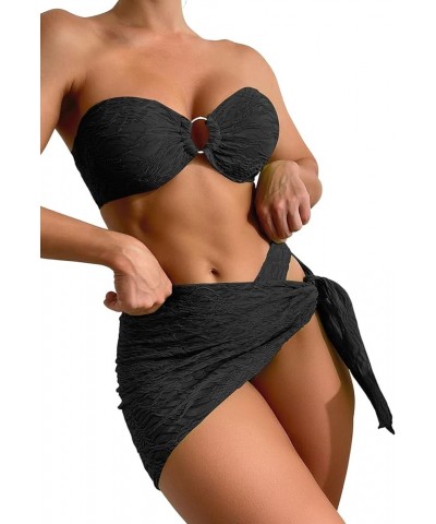 Women's 3 Piece Swimsuit Ring Linked Bandeau High Cut Bikini with Cover Up Skirt Set Black $10.25 Swimsuits