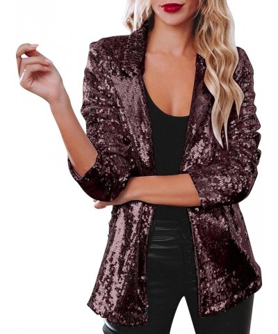 Women's Sequin Jackets Open Front Blazer Jacket Casual Long Sleeve Sparkly Cardigan Coat with Pocket S-XXL Wine $20.29 Blazers