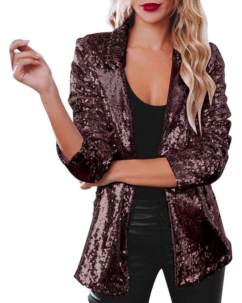 Women's Sequin Jackets Open Front Blazer Jacket Casual Long Sleeve Sparkly Cardigan Coat with Pocket S-XXL Wine $20.29 Blazers