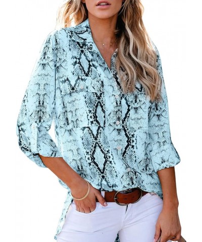 Women Button Down Snake Print 3 4 Tab Sleeve Tunic Blouse Tops Shirts Blue $20.05 Blouses