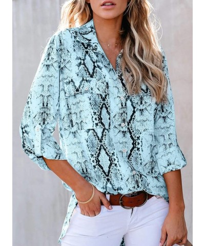 Women Button Down Snake Print 3 4 Tab Sleeve Tunic Blouse Tops Shirts Blue $20.05 Blouses