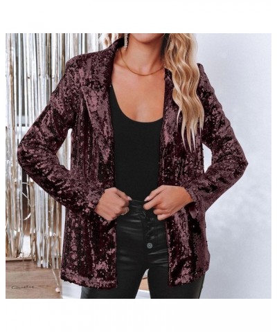 Women's Sequin Jackets Open Front Blazer Jacket Casual Long Sleeve Sparkly Cardigan Coat with Pocket S-XXL Wine $20.29 Blazers