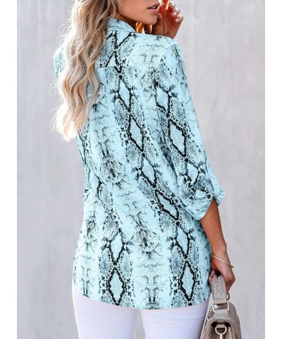 Women Button Down Snake Print 3 4 Tab Sleeve Tunic Blouse Tops Shirts Blue $20.05 Blouses