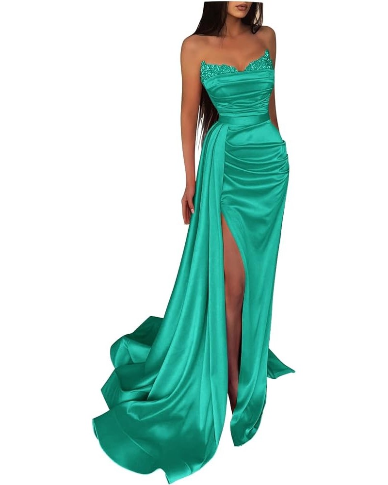 Women's Beaded Mermaid Prom Dresses 2024 Satin Ball Gown Long Formal Evening Gowns with Slit Peacock Green $45.39 Dresses