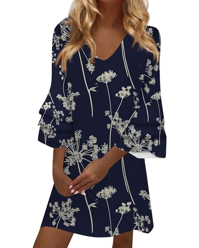 3/4 Ruffle Sleeve Women's Dress Elegant Fresh Floral Printed V-Neck Mini Dress Vacation Going Out Party Dress 11-navy $12.86 ...