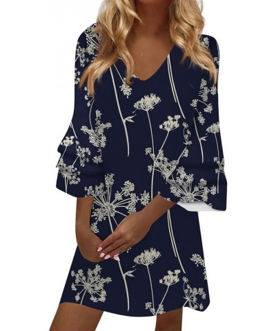 3/4 Ruffle Sleeve Women's Dress Elegant Fresh Floral Printed V-Neck Mini Dress Vacation Going Out Party Dress 11-navy $12.86 ...