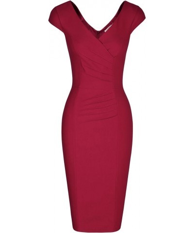 Women's 1950's Vintage V Neck Ruched Sheath Formal Pencil Dress Burgundy $21.83 Dresses