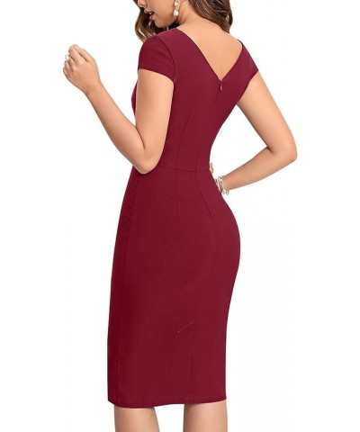 Women's 1950's Vintage V Neck Ruched Sheath Formal Pencil Dress Burgundy $21.83 Dresses