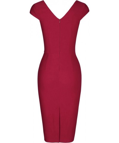 Women's 1950's Vintage V Neck Ruched Sheath Formal Pencil Dress Burgundy $21.83 Dresses