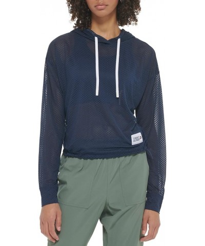 Women's Drawcord Diamond Texture Mesh Hoodie Navy $27.24 Hoodies & Sweatshirts