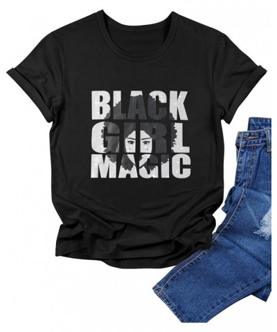 Black Girl Magic T-Shirt Graphic Tee Afro Word Art Natural Hair Sequins Casual Tops Black $11.39 T-Shirts