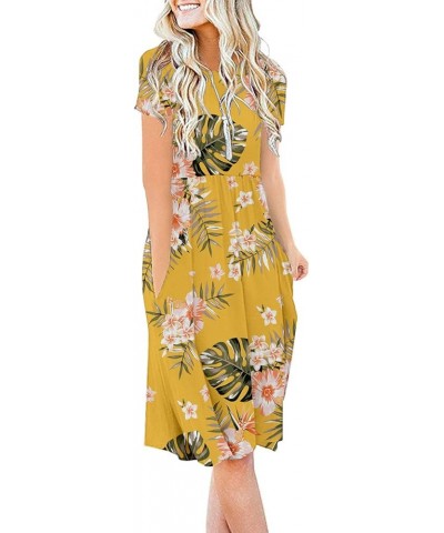 Women Casual Short Sleeve Dresses Empire Waist Knee Length Dress with Pockets Crewneck Yellow Floral $19.19 Dresses