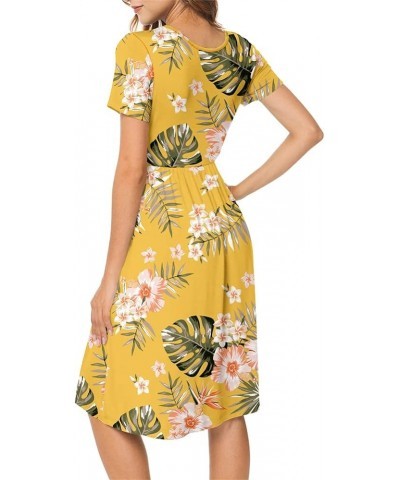 Women Casual Short Sleeve Dresses Empire Waist Knee Length Dress with Pockets Crewneck Yellow Floral $19.19 Dresses