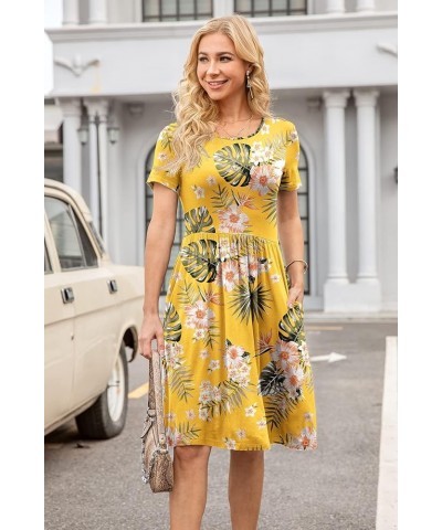 Women Casual Short Sleeve Dresses Empire Waist Knee Length Dress with Pockets Crewneck Yellow Floral $19.19 Dresses