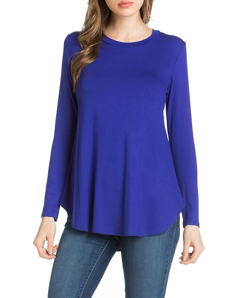 Plus Size Women's Long Sleeve Top Round Scoop Neck Casual Flowy Tunic Top Royal Blue $10.59 Tops