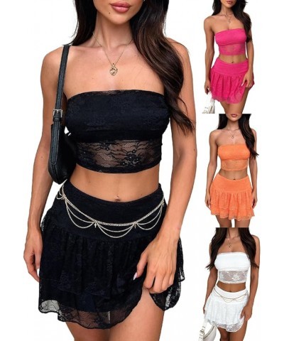 Womens Two Piece Mini Skirt Set Y2K Bodycon Skirts Outfit Sexy Going Out Fairy Suit Summer Lace Matching Sets Mesh Black $7.1...