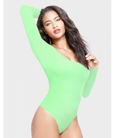 Women's Scoop Neck Long Sleeve Bodysuit T-shirt Tops Classy Collection Spring Green $18.28 Bodysuits