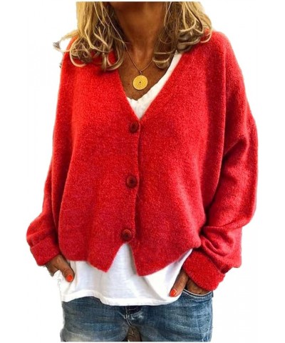 Cropped Cardigan Sweaters for Women Crochet Knit Shrug Open Front Cardigan Long Sleeve V-Neck Button Down Knit Tops A5-red $1...